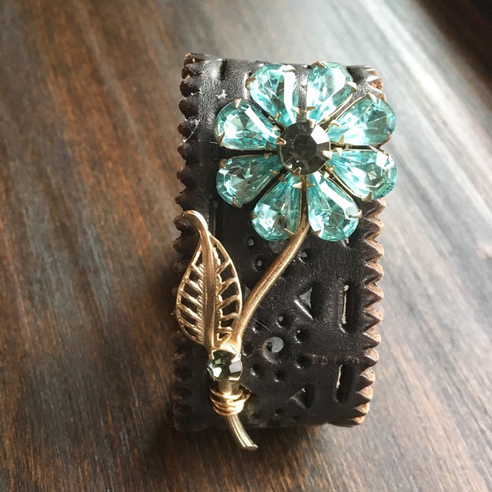 Vintage brooch leather belt cuff bracelet